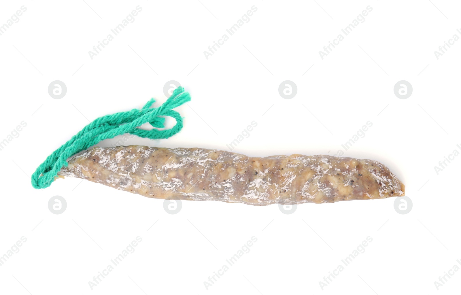 Photo of Whole delicious fuet sausage isolated on white, top view