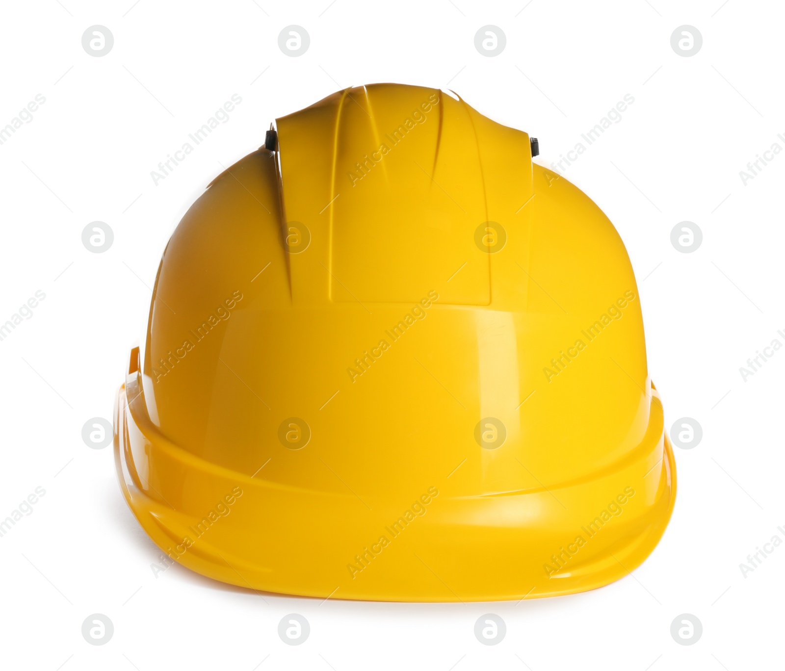 Photo of Protective hard hat on white background. Safety equipment