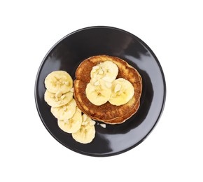 Plate of banana pancakes isolated on white, top view