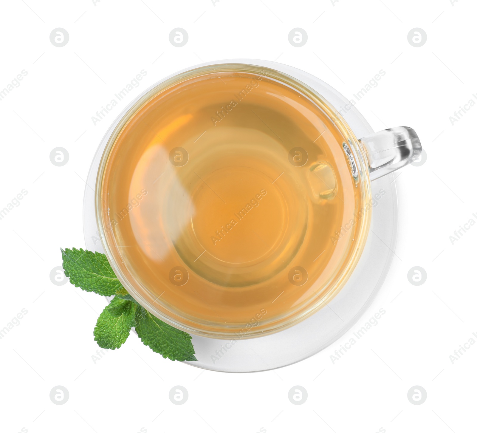 Photo of Cup of aromatic green tea with fresh mint on white background, top view