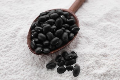 Photo of Wooden spoon with black seeds on kidney bean flour, closeup