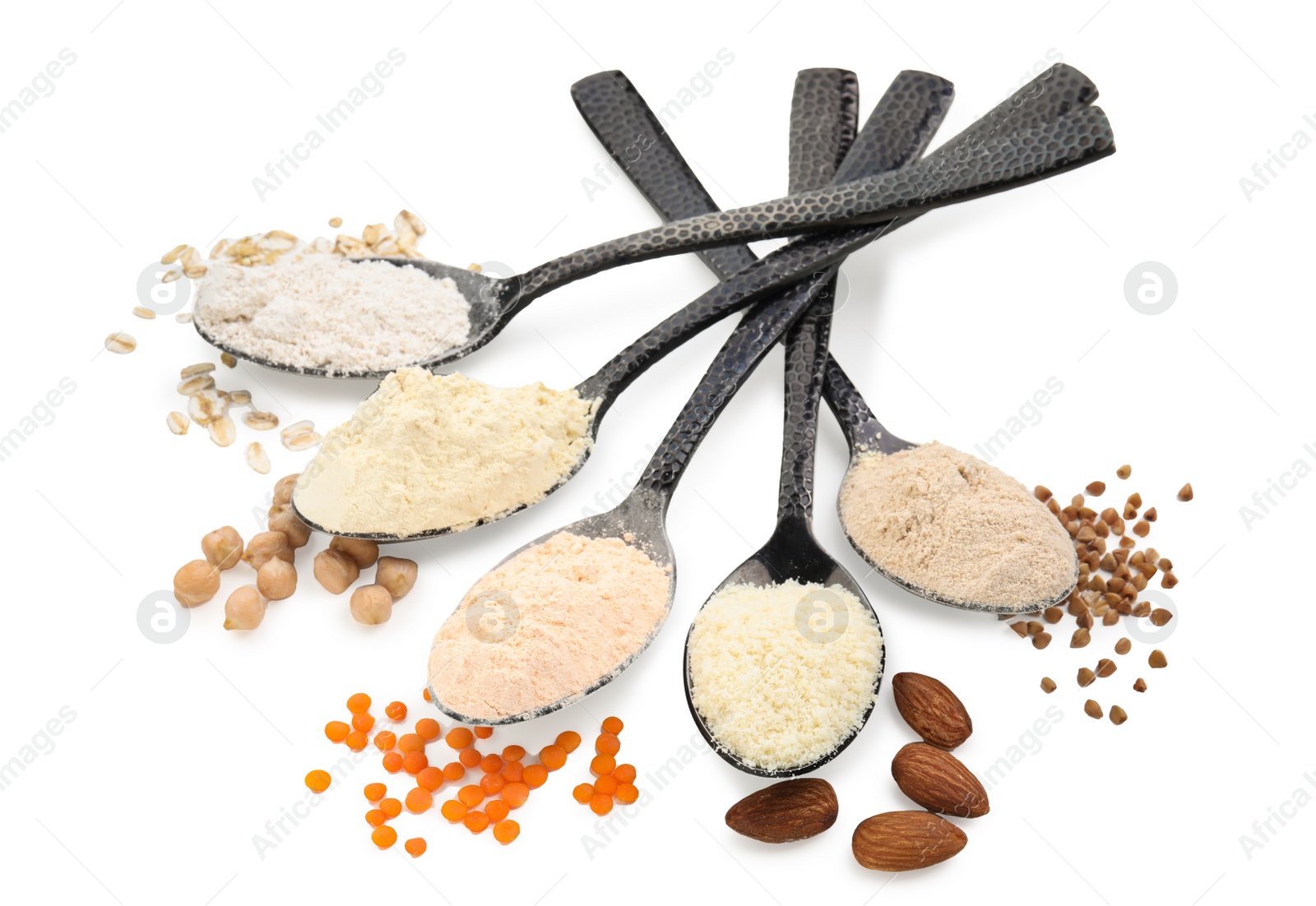 Photo of Spoons with different types of flours on white background