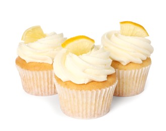 Photo of Delicious lemon cupcakes with cream isolated on white