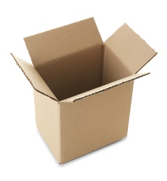 Photo of Open empty cardboard box on white background