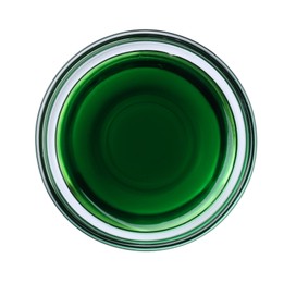 Photo of Glass bowl with green food coloring isolated on white, top view