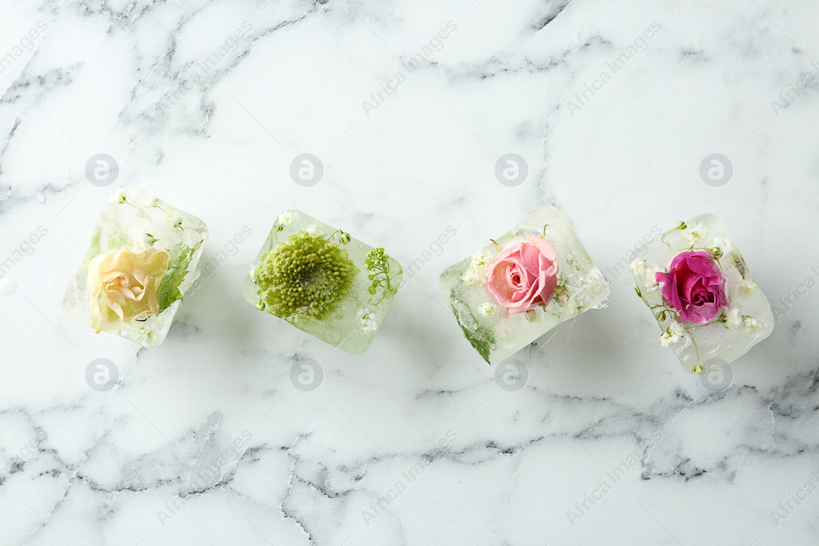 Photo of Ice cubes with flowers on marble background, flat lay