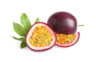 Photo of Cut and whole passion fruits with leaf isolated on white