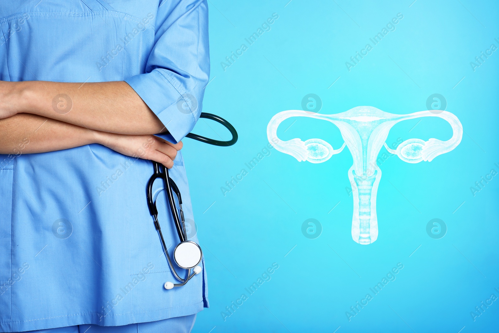 Image of Doctor and illustration of female reproductive system on light blue background, closeup