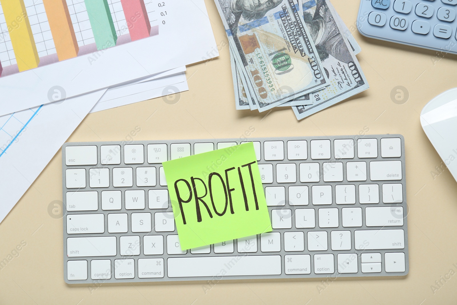 Photo of Sticky note with word Profit, keyboard, banknotes and diagram on beige background, flat lay