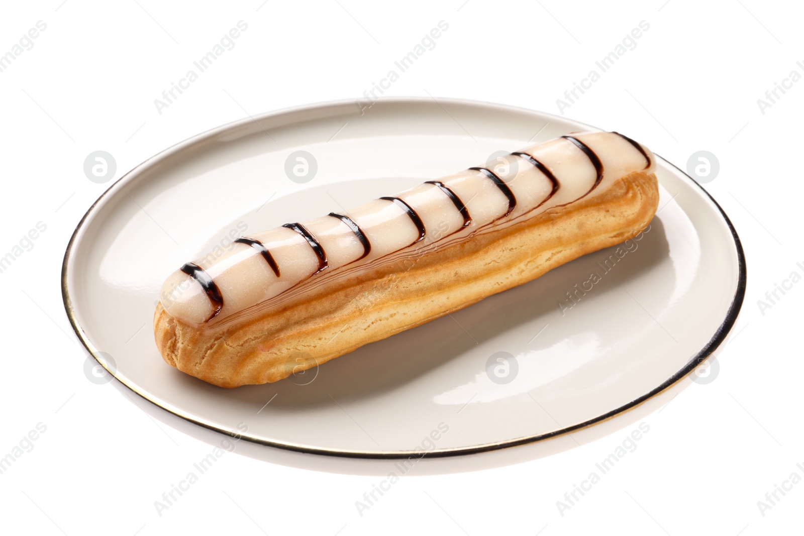 Photo of Delicious eclair covered with glaze isolated on white