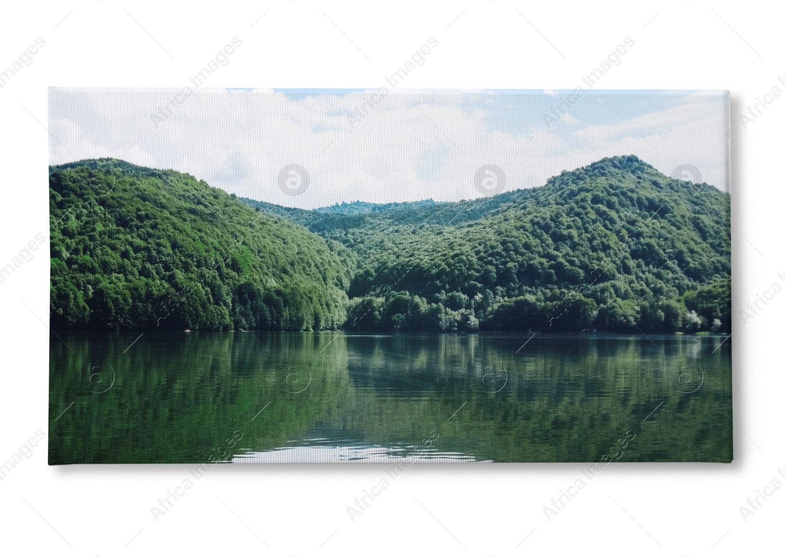 Image of Photo printed on canvas, white background. Picturesque view of beautiful lake surrounded by mountains on sunny day
