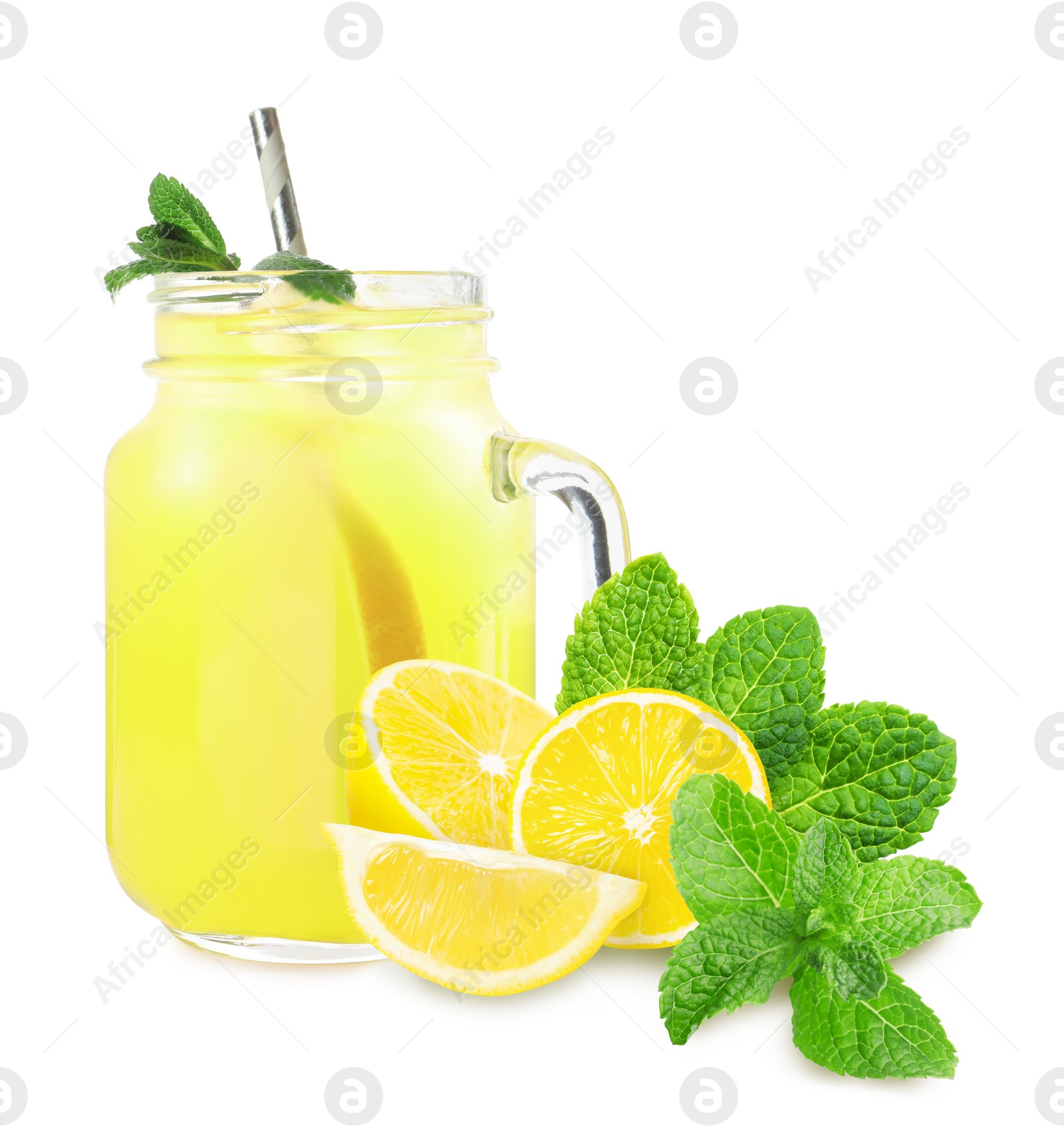 Image of Mason jar with tasty lemonade, fresh ripe fruits and mint on white background