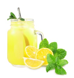 Image of Mason jar with tasty lemonade, fresh ripe fruits and mint on white background