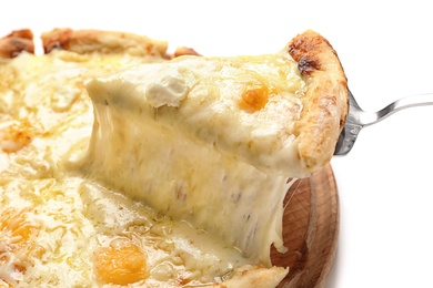 Photo of Taking piece of hot cheese pizza Margherita from board on white background, closeup