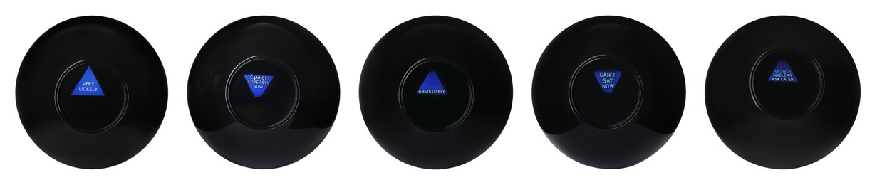 Image of Magic eight ball with different predictions isolated on white, collection