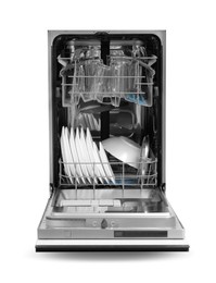 Image of Modern dishwasher with clean tableware isolated on white. Home appliance