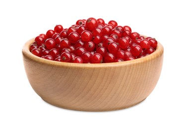 Photo of Tasty ripe redcurrants in bowl isolated on white