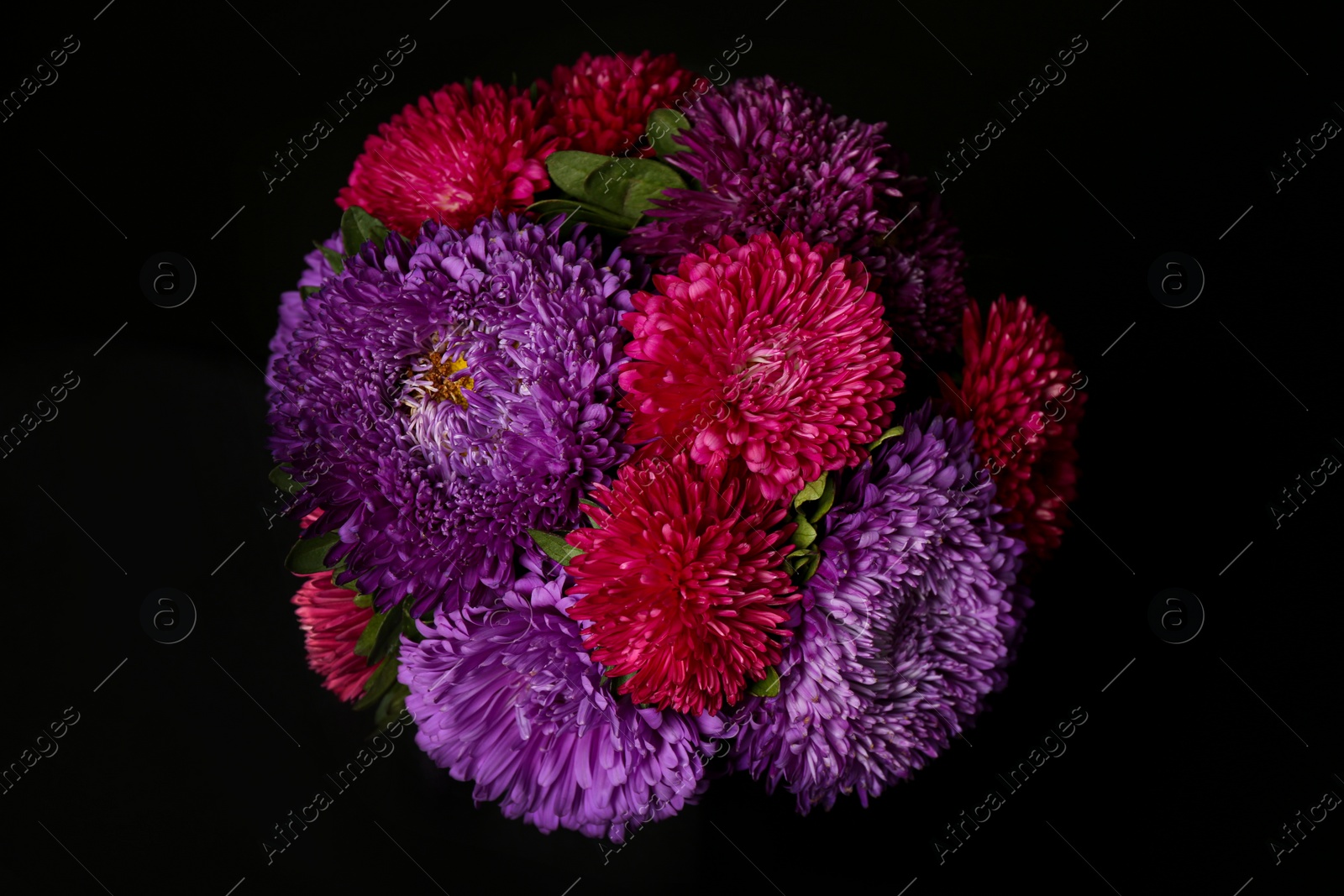 Photo of Bouquet of beautiful asters on black background, top view. Autumn flowers