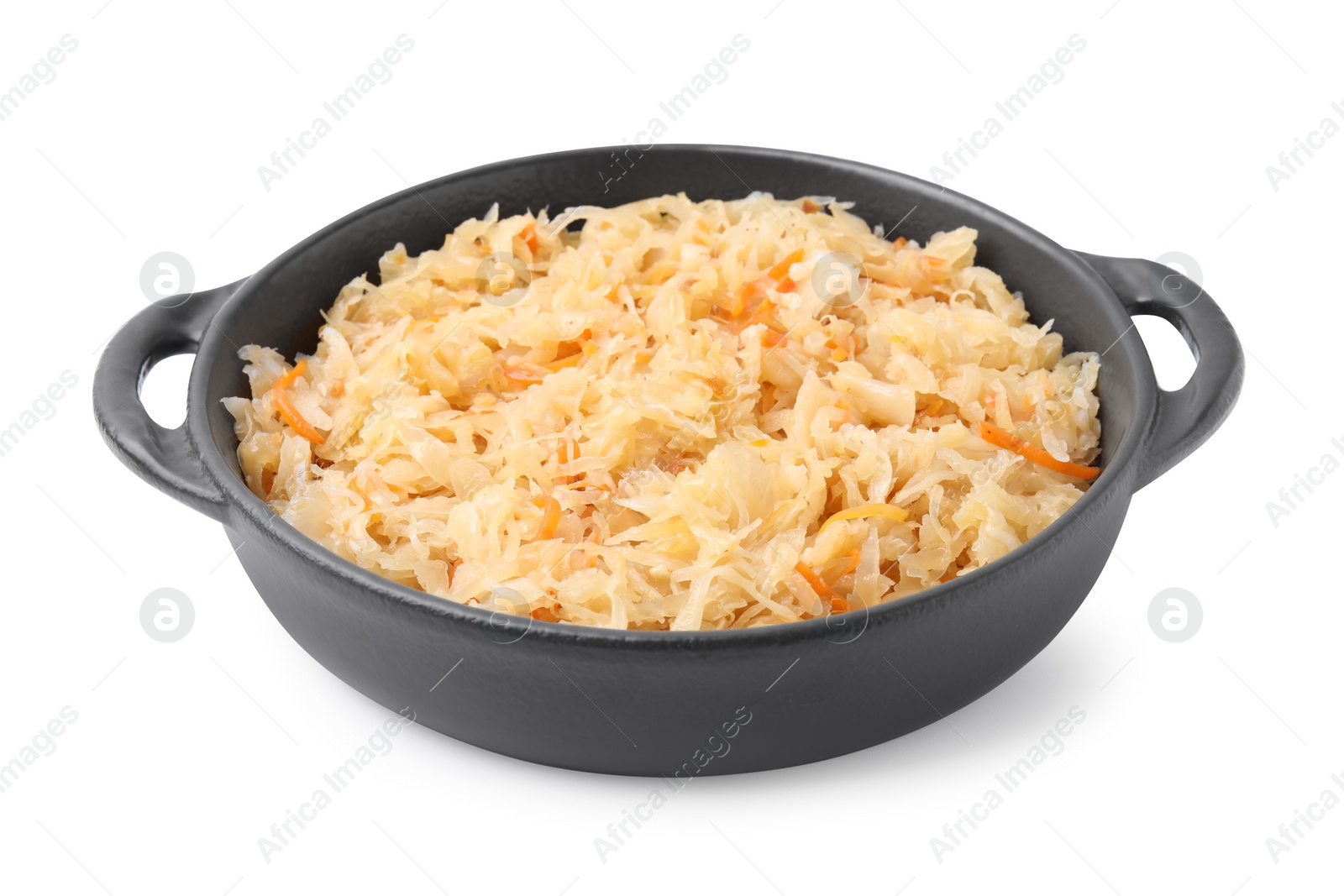 Photo of Serving pan with sauerkraut isolated on white