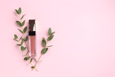 Bright lip gloss and green twigs on pink background, top view. Space for text