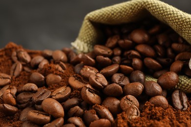 Photo of Sack bag with roasted beans on ground coffee, closeup