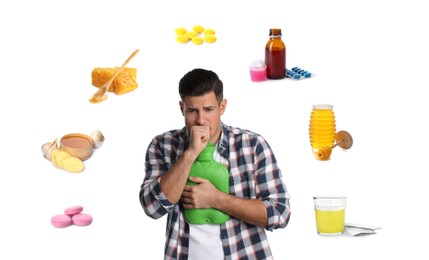 SIck man with hot water bottle surrounded by different drugs and products for illness treatment on white background