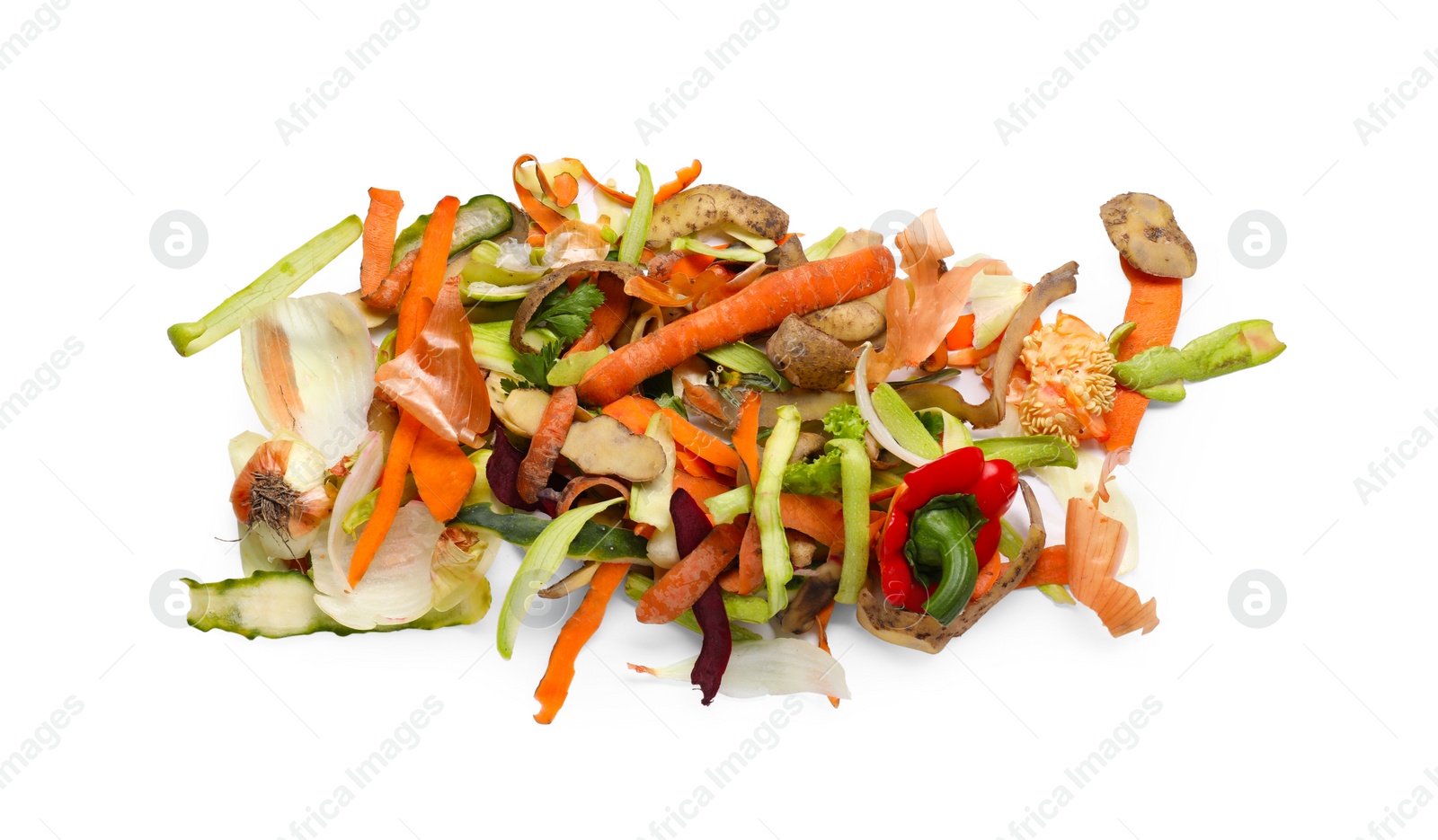 Photo of Peels of fresh vegetables isolated on white, top view