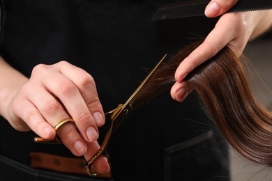 Photo of Hairdresser cutting client's hair with scissors in salon, closeup