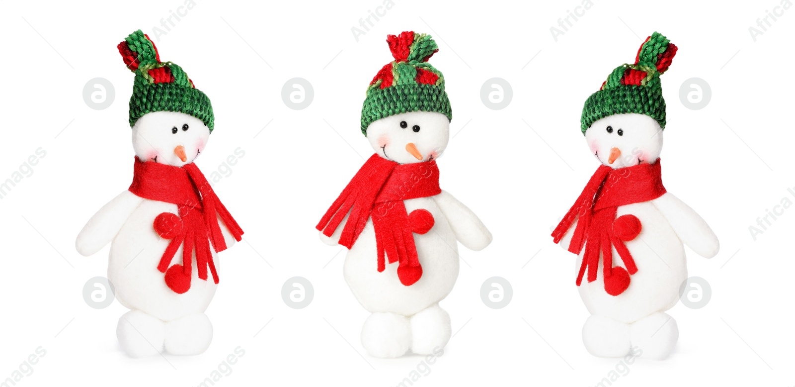 Image of Set with cute small snowman toys on white background. Banner design