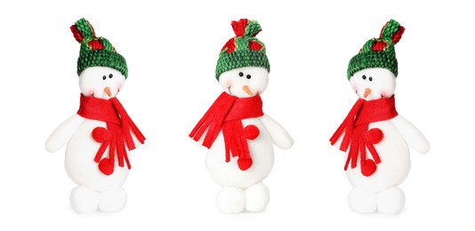 Image of Set with cute small snowman toys on white background. Banner design