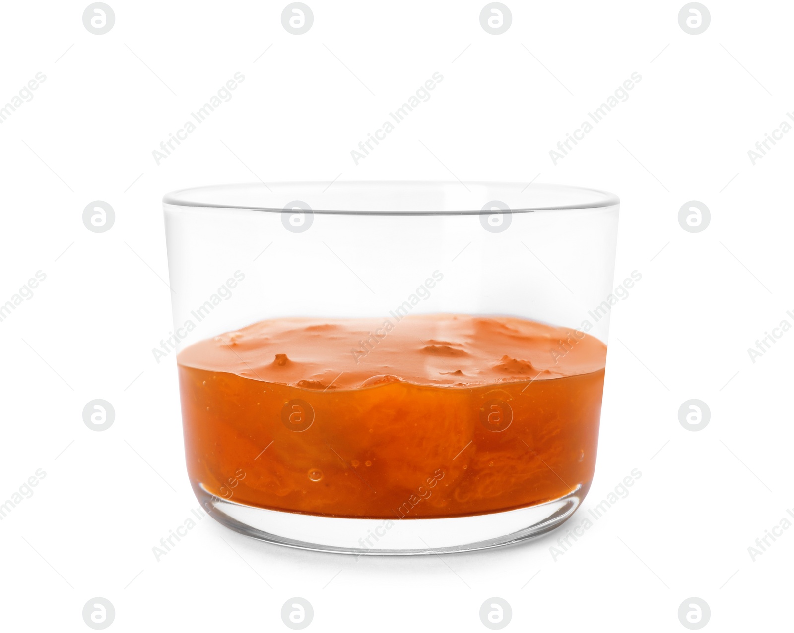 Photo of Bowl with tasty apricot jam on white background