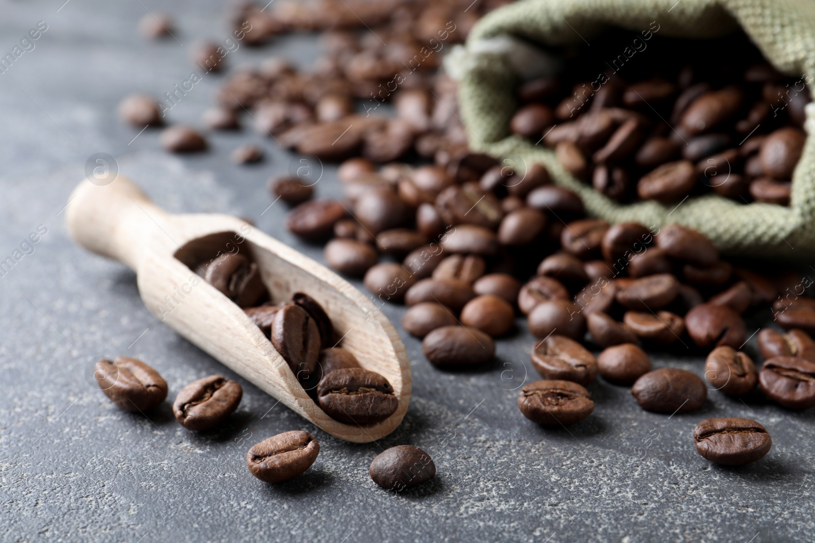 Photo of Wooden scoop and bag with roasted coffee beans on grey table, closeup