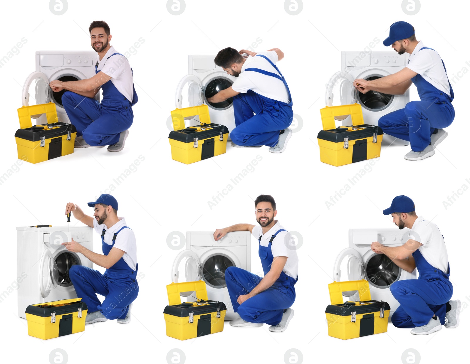 Image of Collage with photos of plumber repairing washing machine on white background