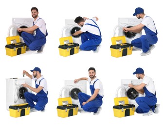 Image of Collage with photos of plumber repairing washing machine on white background