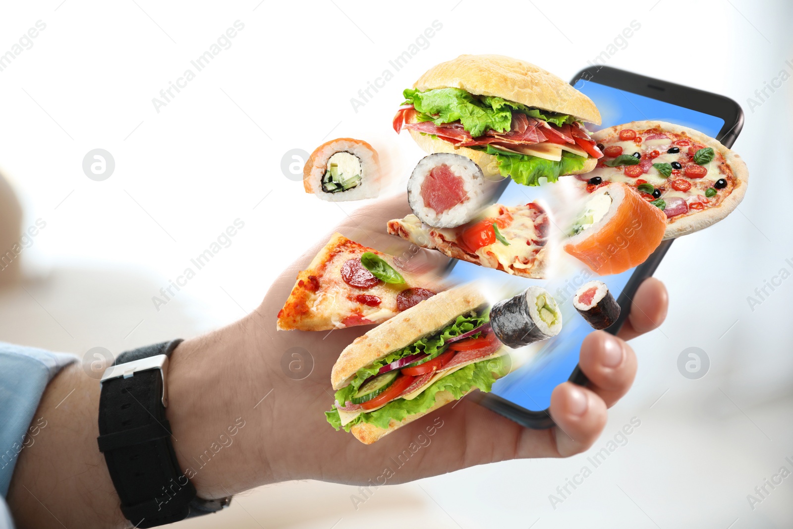 Image of Man using smartphone for ordering food online, closeup. Delivery service during quarantine