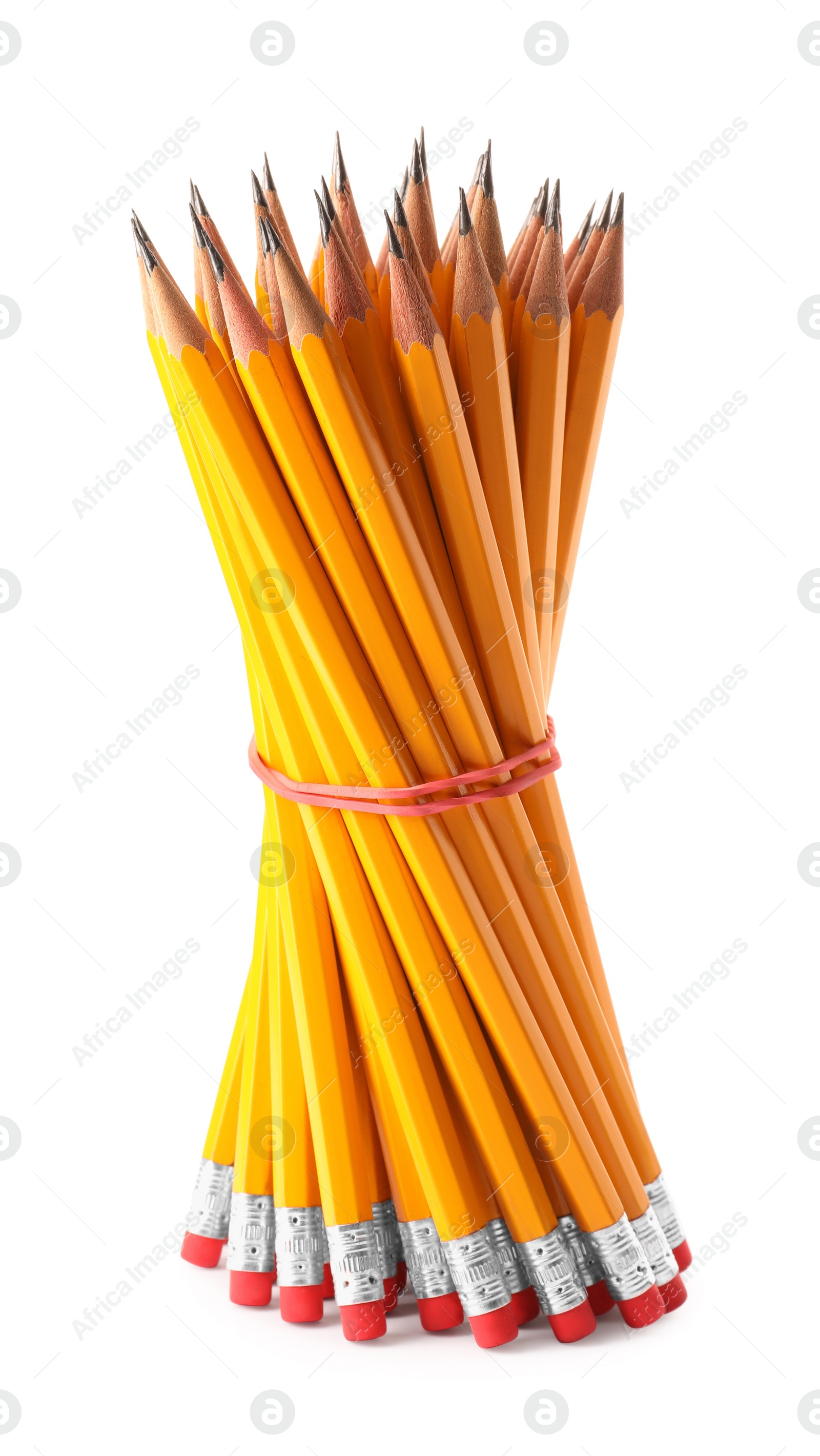 Photo of Many sharp graphite pencils with erasers isolated on white