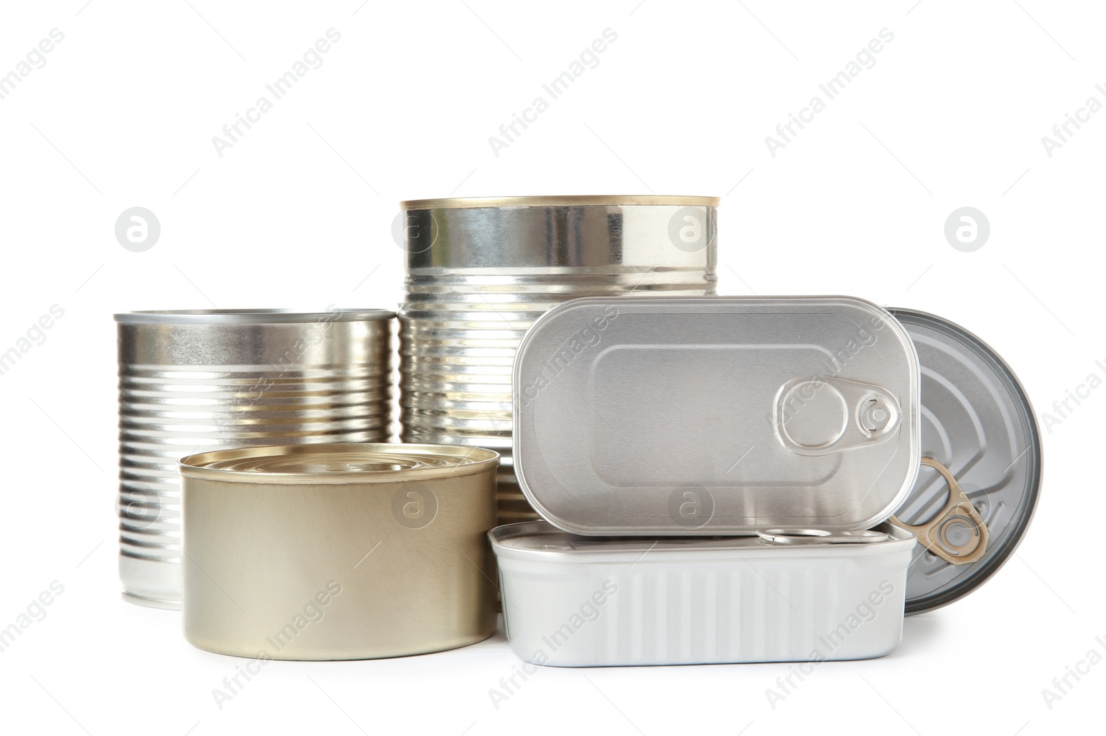 Photo of Group of tin cans isolated on white