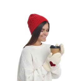 Photo of Happy beautiful woman with paper cup of mulled wine on white background