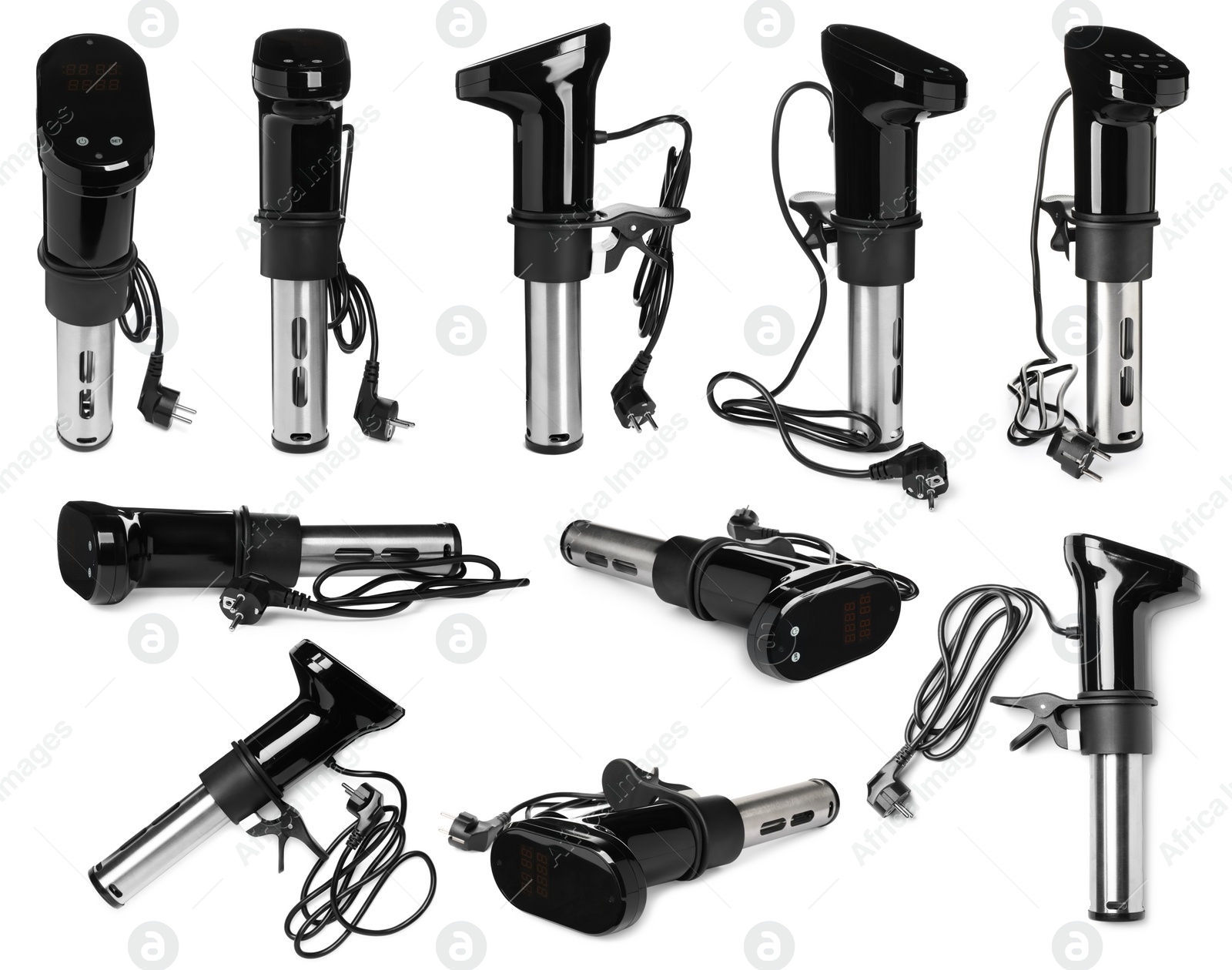 Image of Collage with sous vide cookers isolated on white. Thermal immersion circulator