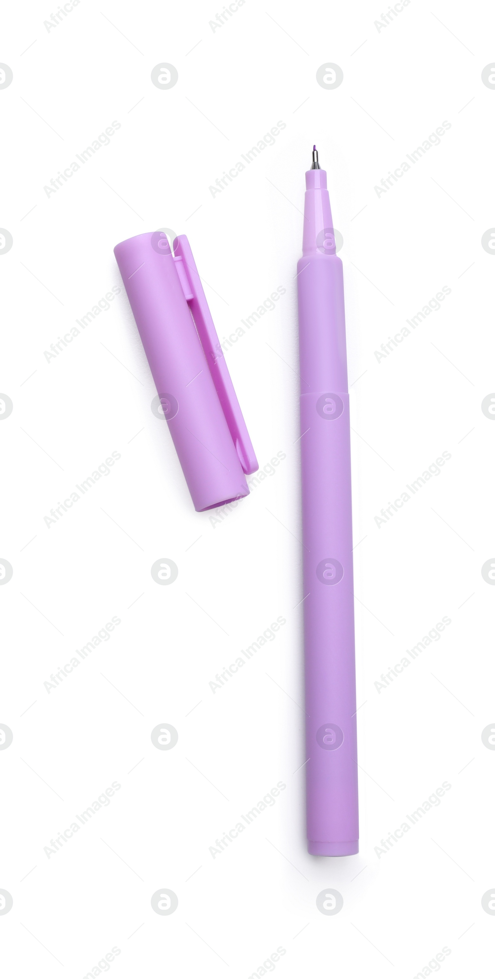 Photo of One violet marker and cap on white background, top view