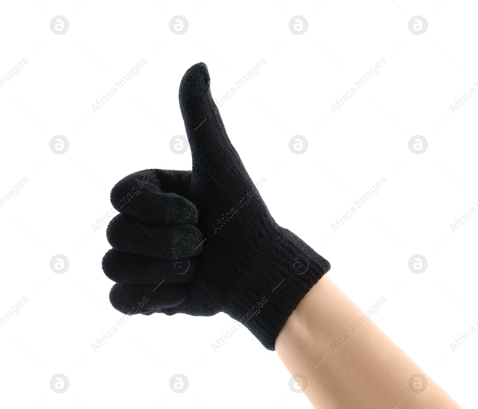 Photo of Woman in black woolen glove on white background, closeup. Winter clothes