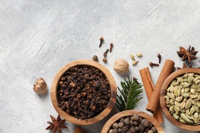 Photo of Different aromatic spices and fir branches on light textured table, flat lay. Space for text