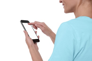 Photo of Woman using smartphone with blank screen on white background, closeup. Mockup for design