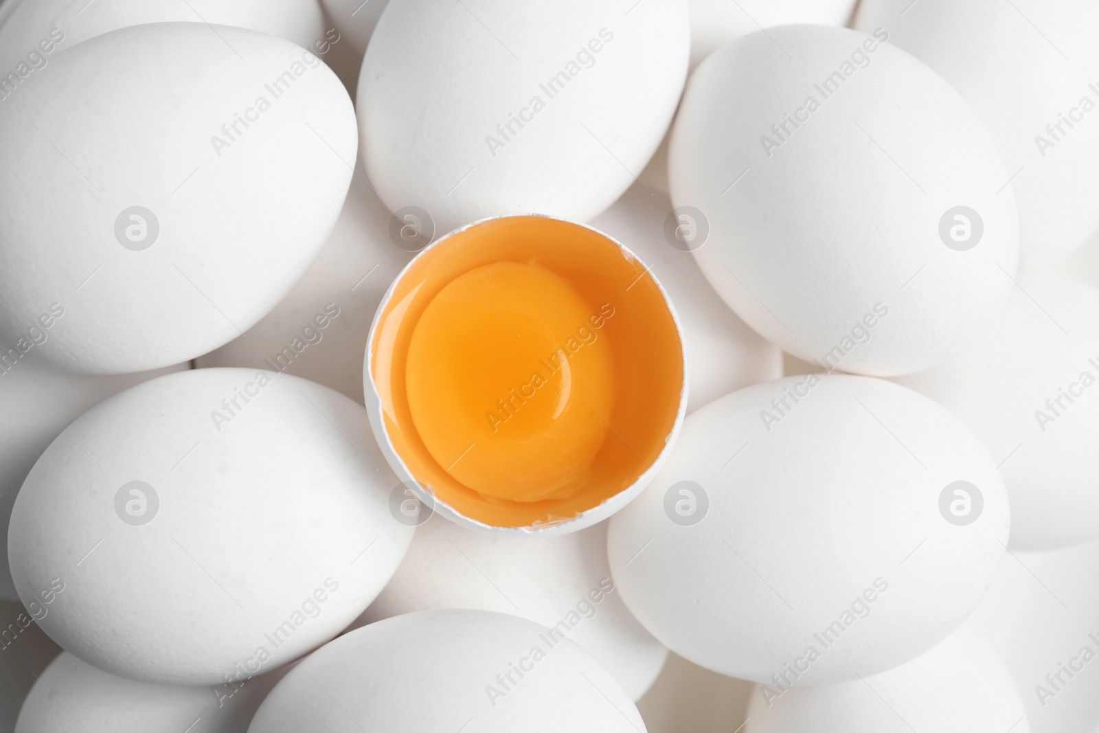 Photo of Fresh raw chicken eggs as background, top view