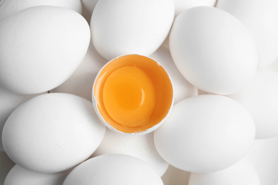 Photo of Fresh raw chicken eggs as background, top view