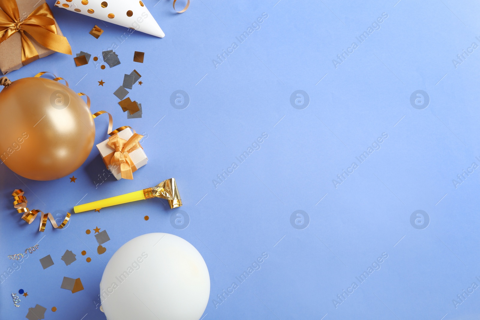 Photo of Flat lay composition with party accessories and space for text on color background