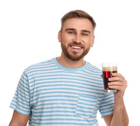 Photo of Handsome man with cold kvass on white background. Traditional Russian summer drink