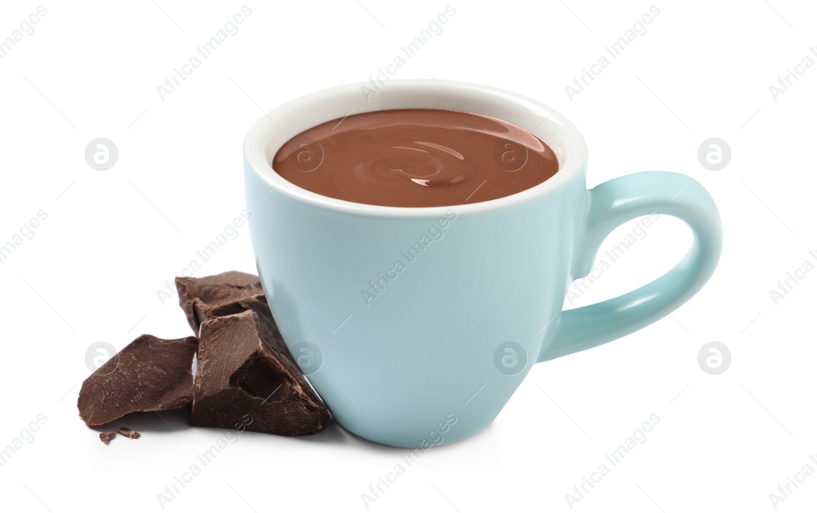 Photo of Yummy hot chocolate in cup on white background