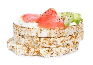 Photo of Crunchy buckwheat cakes with cream cheese, salmon and avocado on white background
