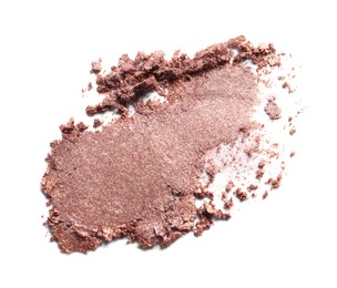 Photo of Crushed eye shadow on white background, top view. Professional makeup product